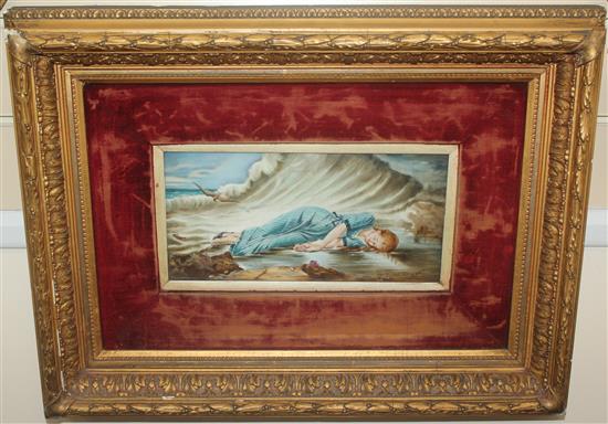 An English porcelain plaque, late 19th century, 14 x 29cm, contained in a velvet and gilt frame